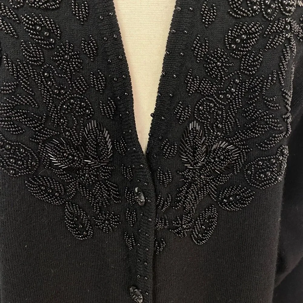 Vintage Karen Kane Black Merino Wool Beaded Cardigan Sweater Med Button Front